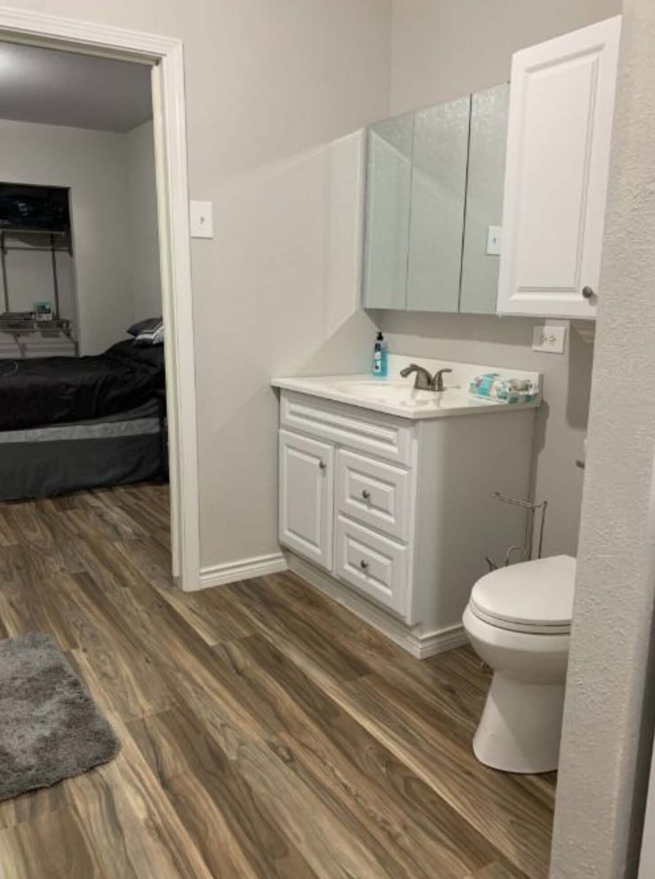 Wren B bathroom vanity and bedroom doorway